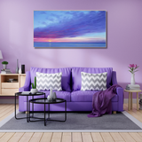 Modern living room with purple sofa, chevron pillows, and sunset wall art, Fansee Australia home decor