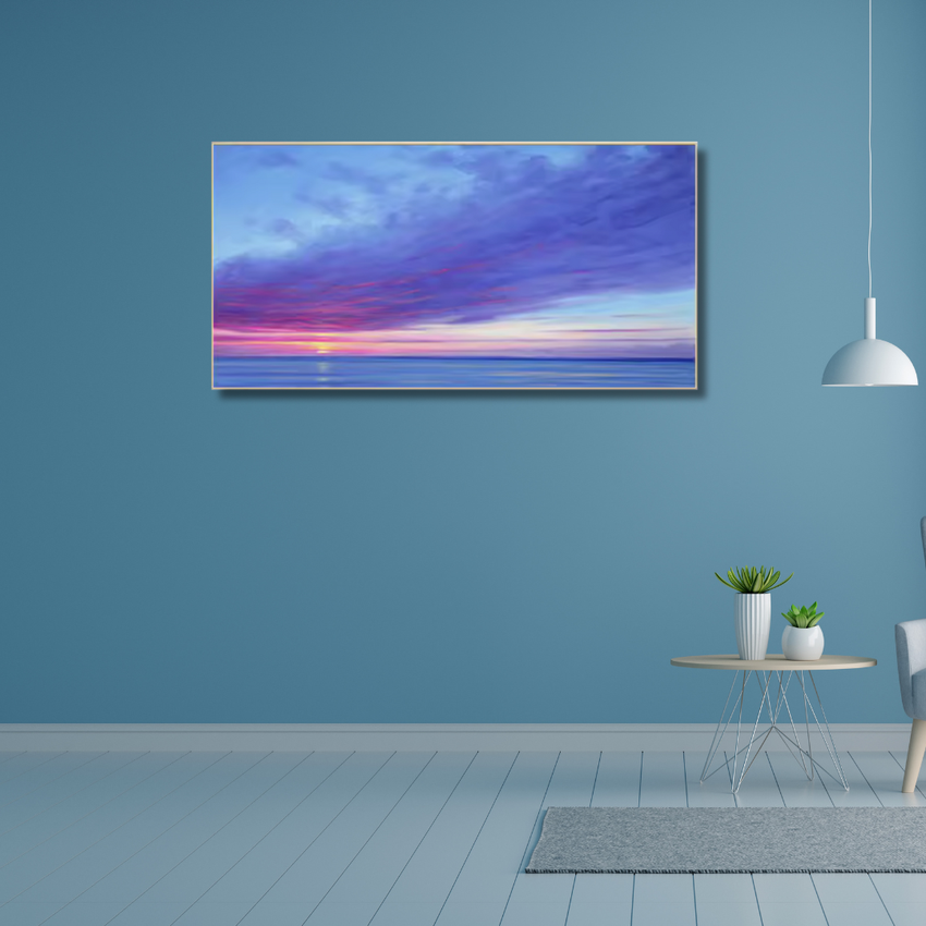 Modern living room with blue wall, sunset ocean canvas art, and minimalist decor, Fansee Australia