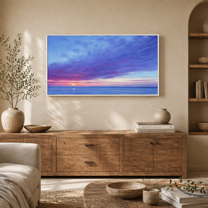 Modern living room with brown leather armchair and colorful ocean sunset wall art, Fansee Australia home decor