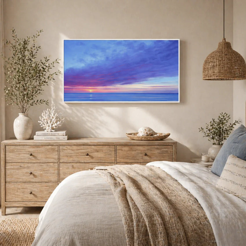 Modern living room with brown leather armchair and colorful ocean sunset wall art, Fansee Australia home decor
