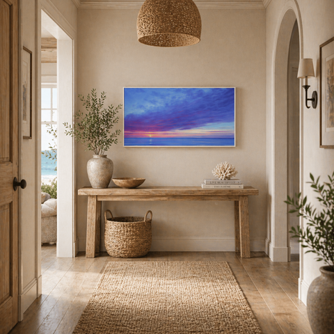 Modern living room with brown leather armchair and colorful ocean sunset wall art, Fansee Australia home decor