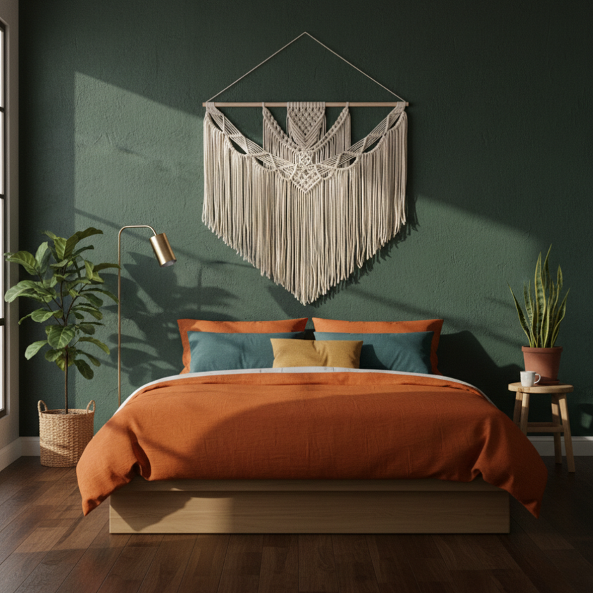 Modern bedroom with artisan home decor, orange bedding, macrame wall hanging, indoor plants
