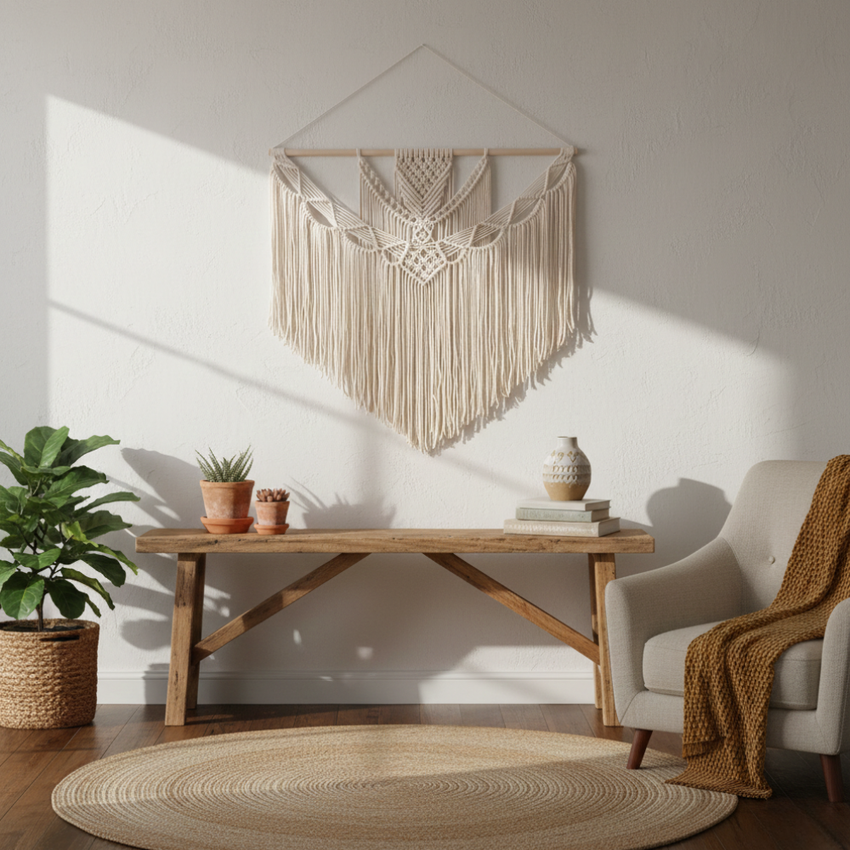 Cozy artisan home decor with macramé wall hanging, potted plants, rustic wood bench, and neutral tones