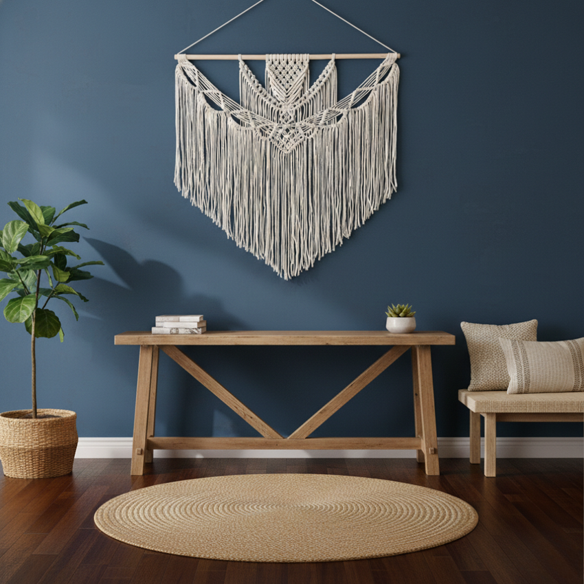 Modern artisan home decor with macrame wall hanging, wooden bench, and woven rug from Fansee Australia.