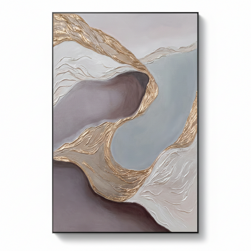 Abstract art piece with wavy lines in gold, beige, and gray on a white background