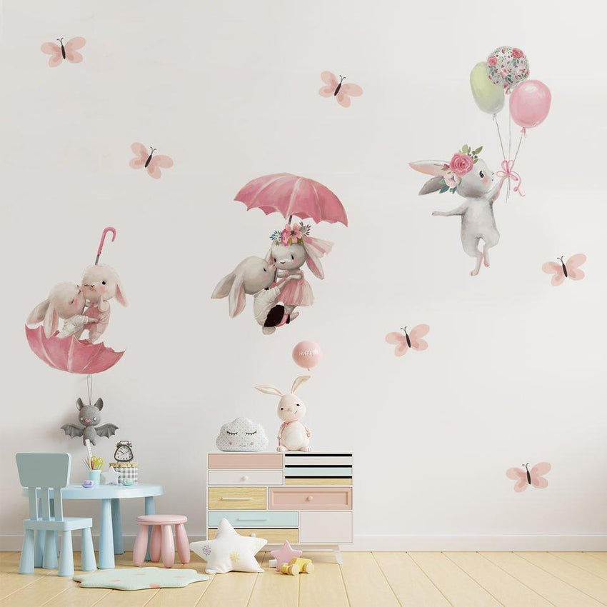 Cute Rabbits Flying On Umbrella Wall Stickers - Fansee Australia