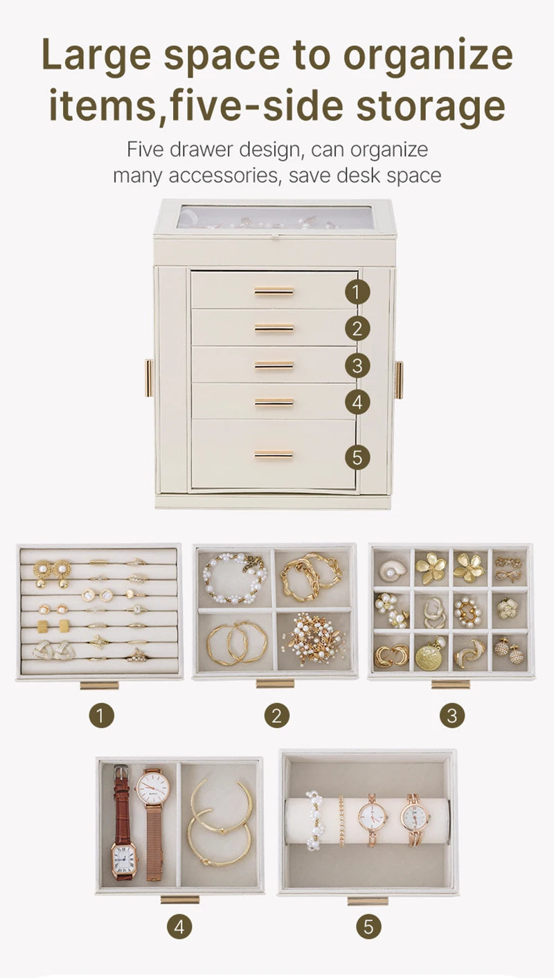 Fansee Australia five-drawer jewelry organizer with labeled storage for rings, bracelets, earrings, and watches, ideal for accessory organization and home decor.