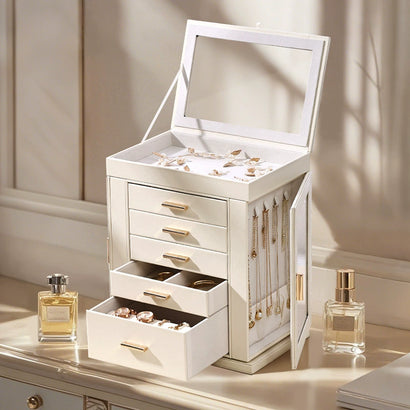 Elegant white jewelry box with gold handles, holding necklaces, rings, and earrings on a vanity.