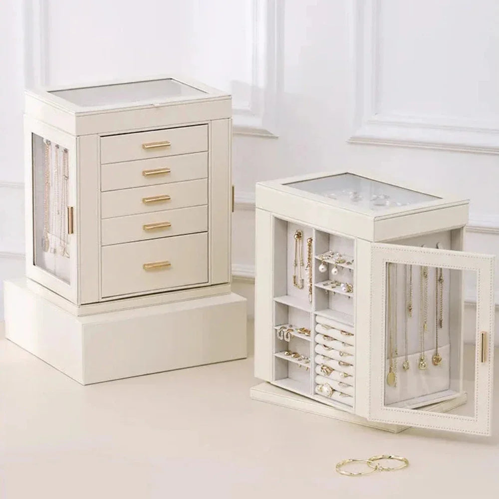 Elegant cream jewelry boxes with gold handles displaying necklaces and rings, Fansee Australia