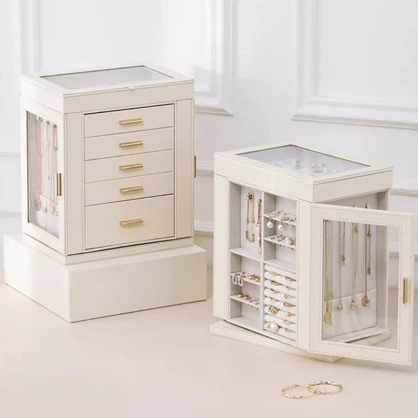 Elegant cream jewelry boxes with gold handles displaying necklaces and rings, Fansee Australia