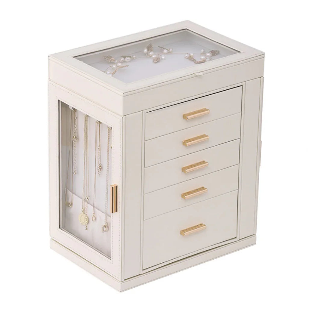 Luxury multi-function five-layer leather jewelry storage box with gold handles and glass lid, perfect for organizing necklaces and rings, Fansee Australia.