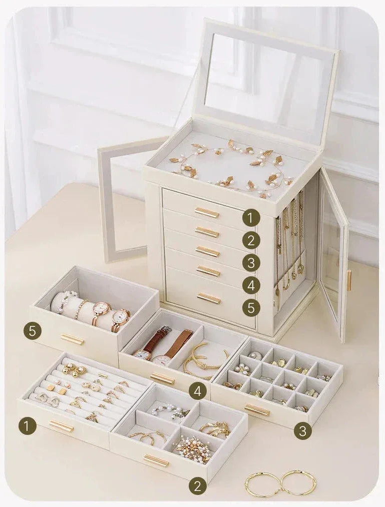 Elegant white jewelry organizer box with five labeled drawers and assorted jewelry, Fansee Australia home decor