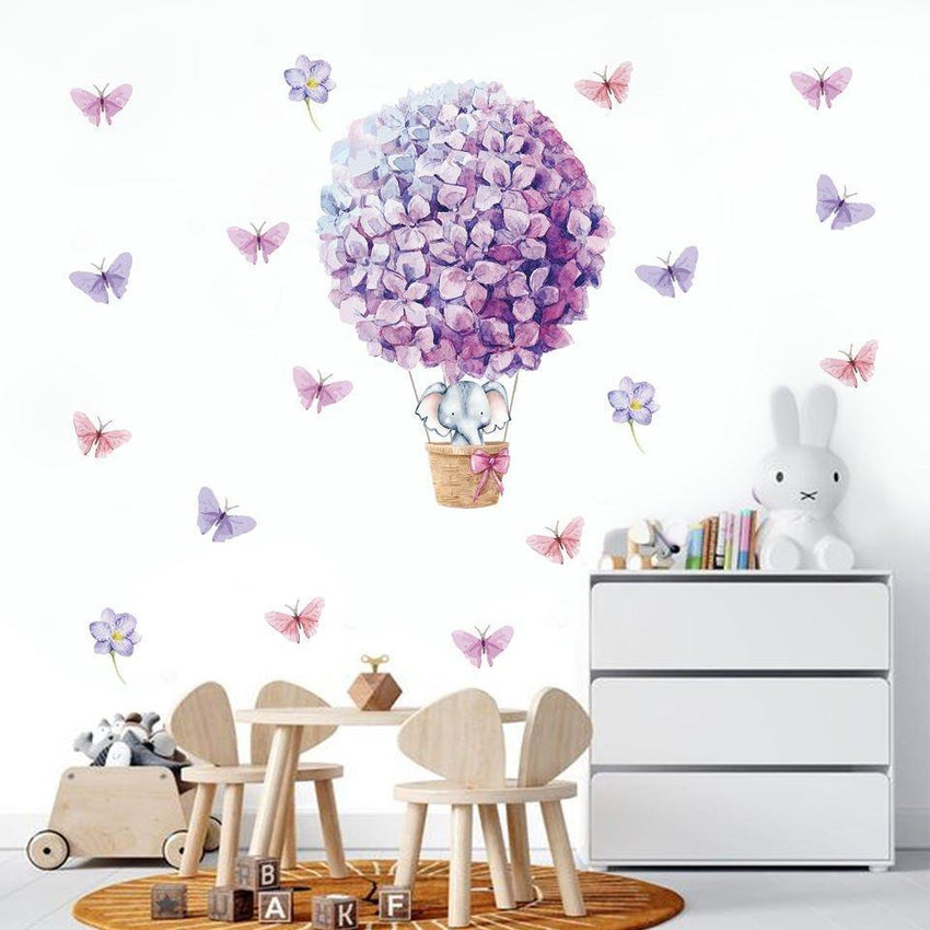 Elephant on Purple Flowers Hot Air Balloon Wall Stickers - Fansee Australia