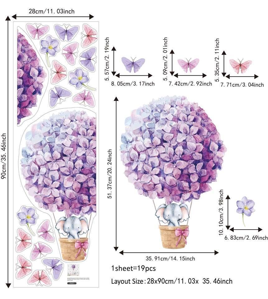 Elephant on Purple Flowers Hot Air Balloon Wall Stickers - Fansee Australia