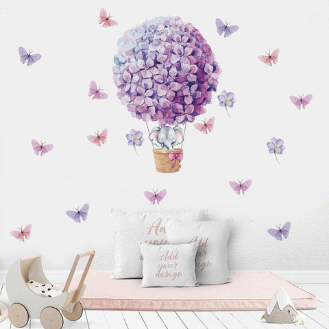 Elephant on Purple Flowers Hot Air Balloon Wall Stickers - Fansee Australia