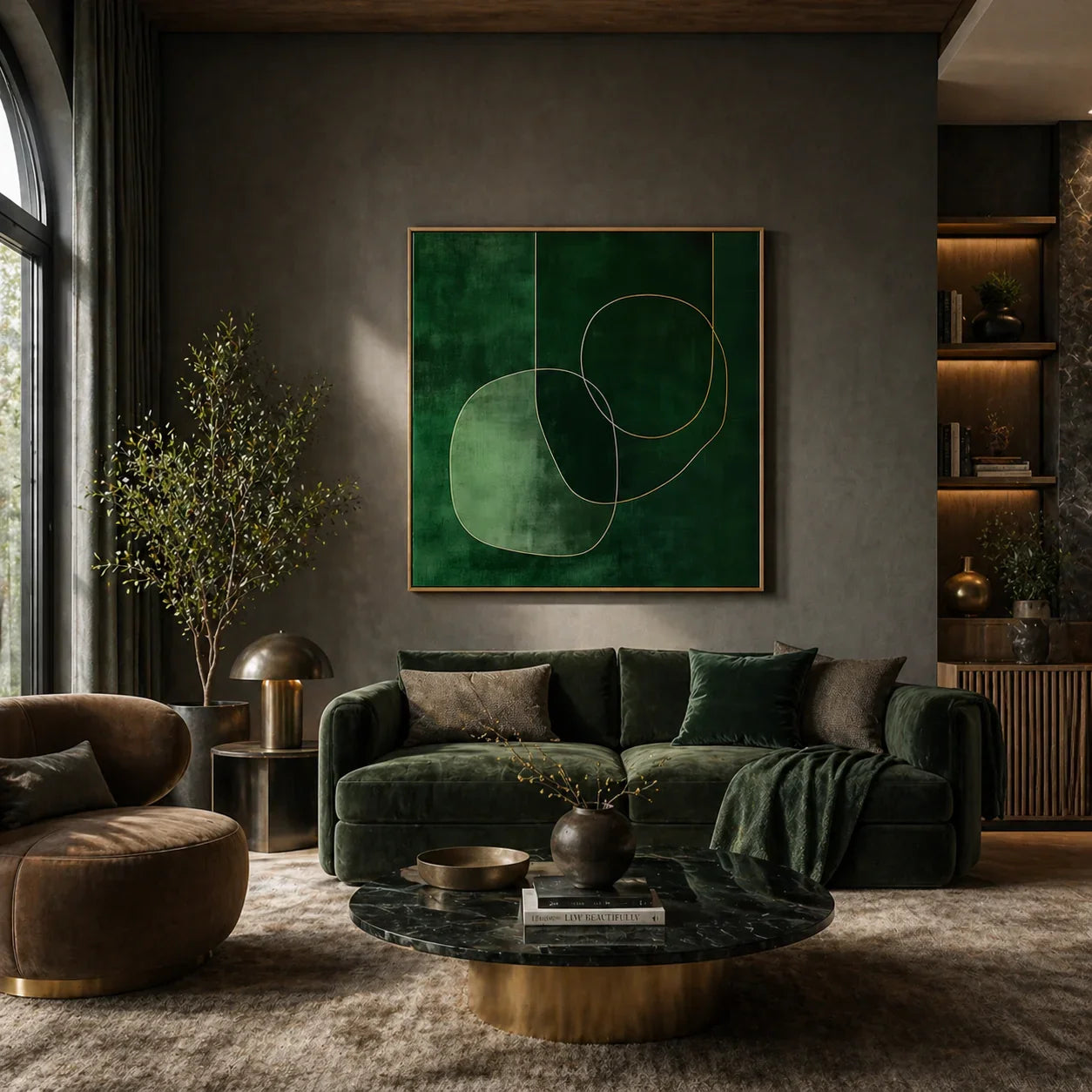 Modern living room with a green sofa, round coffee table, and abstract green artwork on the wall.