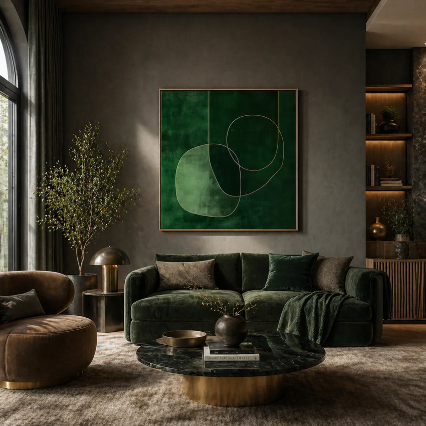 Modern living room with a green sofa, round coffee table, and abstract green artwork on the wall.