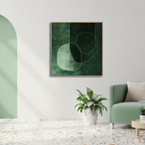 Modern living room with green abstract wall art, artisan decor, and potted plant, Fansee Australia
