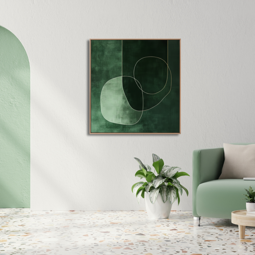 Modern living room with green abstract wall art, artisan decor, and potted plant, Fansee Australia