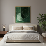 Modern bedroom with beige bed, green abstract wall art, and artisan decor from Fansee Australia