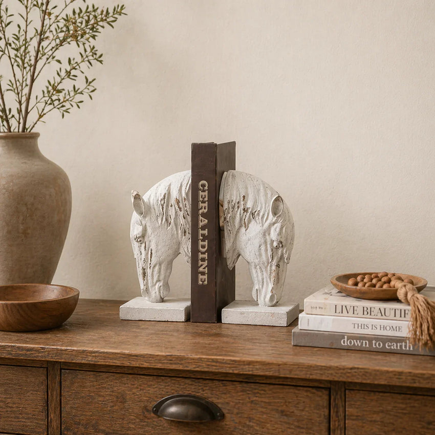 Equestrian Grace Horse Bookends – Rustic White Decorative Book Holders