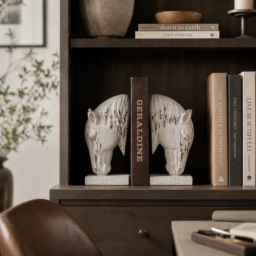 Equestrian Grace Horse Bookends – Rustic White Decorative Book Holders