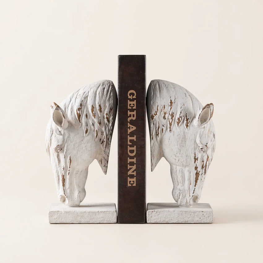 Equestrian Grace Horse Bookends – Rustic White Decorative Book Holders