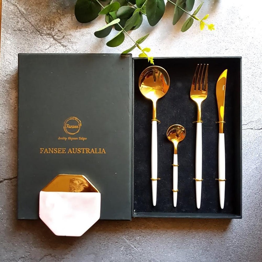 Gold & White Cutlery Set (16 Piece Cutlery Set) - Fansee Australia