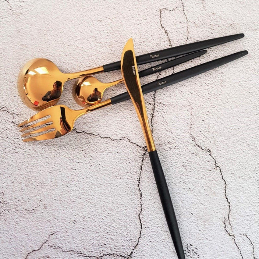 Golden & Black Cutlery Set (16 Piece Cutlery Set) - Fansee Australia