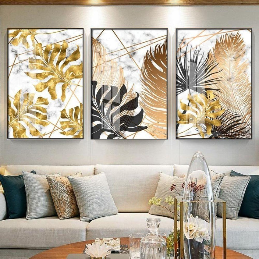 Golden and Black Leaf Wall Art (3 Pcs Set - 52x75cm) - Fansee Australia