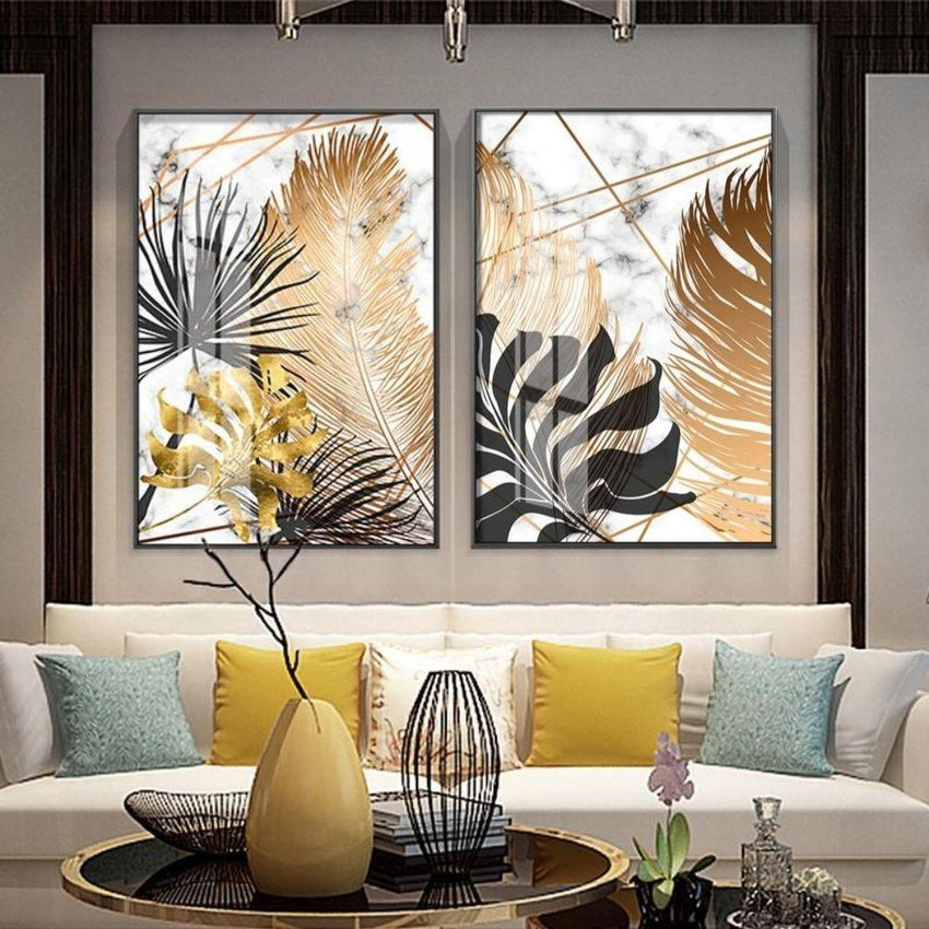 Golden and Black Leaf Wall Art (3 Pcs Set - 52x75cm) - Fansee Australia