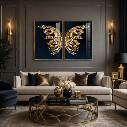 Golden Crystal Butterfly Duo Framed Wall Art - Fansee Australia