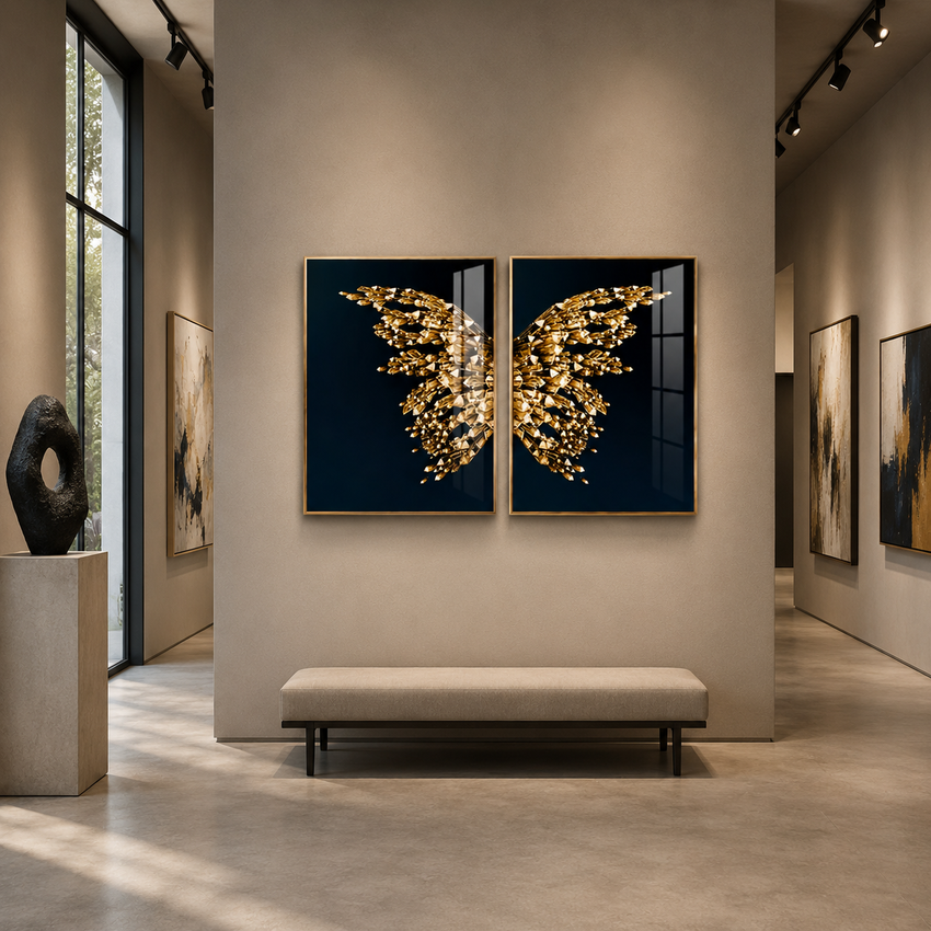 Golden Crystal Butterfly Duo Framed Wall Art - Fansee Australia
