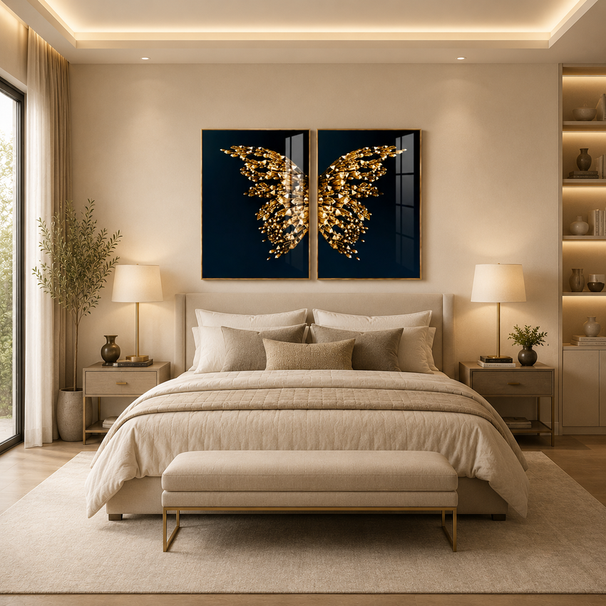 Golden Crystal Butterfly Duo Framed Wall Art - Fansee Australia