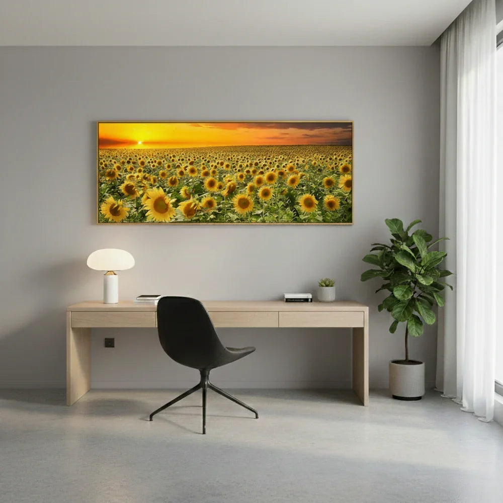 Golden Fields: Radiant Sunflower Panoramic Framed Canvas Art (50x150cm)