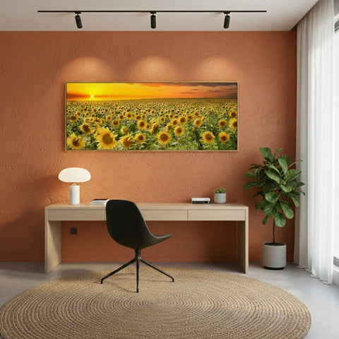 Golden Fields: Radiant Sunflower Panoramic Framed Canvas Art (50x150cm)