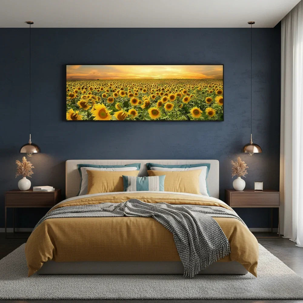 Sunflower field wall art above bed in modern bedroom with navy accent wall and warm lighting