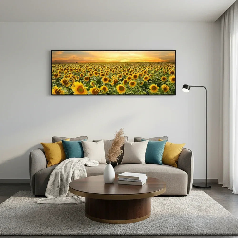 Sunflower field wall art above modern sofa in stylish living room with rug and coffee table