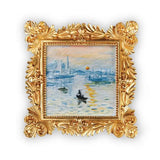Framed impressionist painting of boats on water with gold ornate frame, artisan home decor