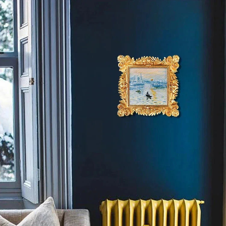 Ornate gold-framed impressionist wall art on dark blue wall in modern living room, Fansee Australia