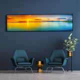Modern lounge with blue chairs, gold decor, and vibrant sunset wall art, Fansee Australia style
