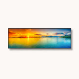 Cozy bedroom with artisan home decor, wooden bed, and panoramic sunset wall art, Fansee Australia