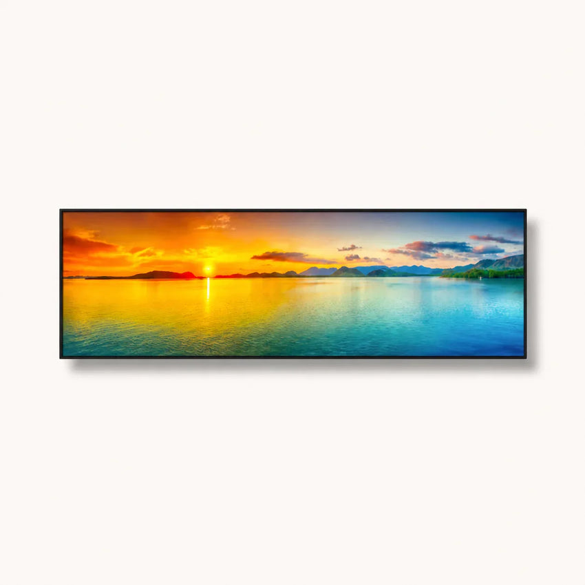 Cozy bedroom with artisan home decor, wooden bed, and panoramic sunset wall art, Fansee Australia