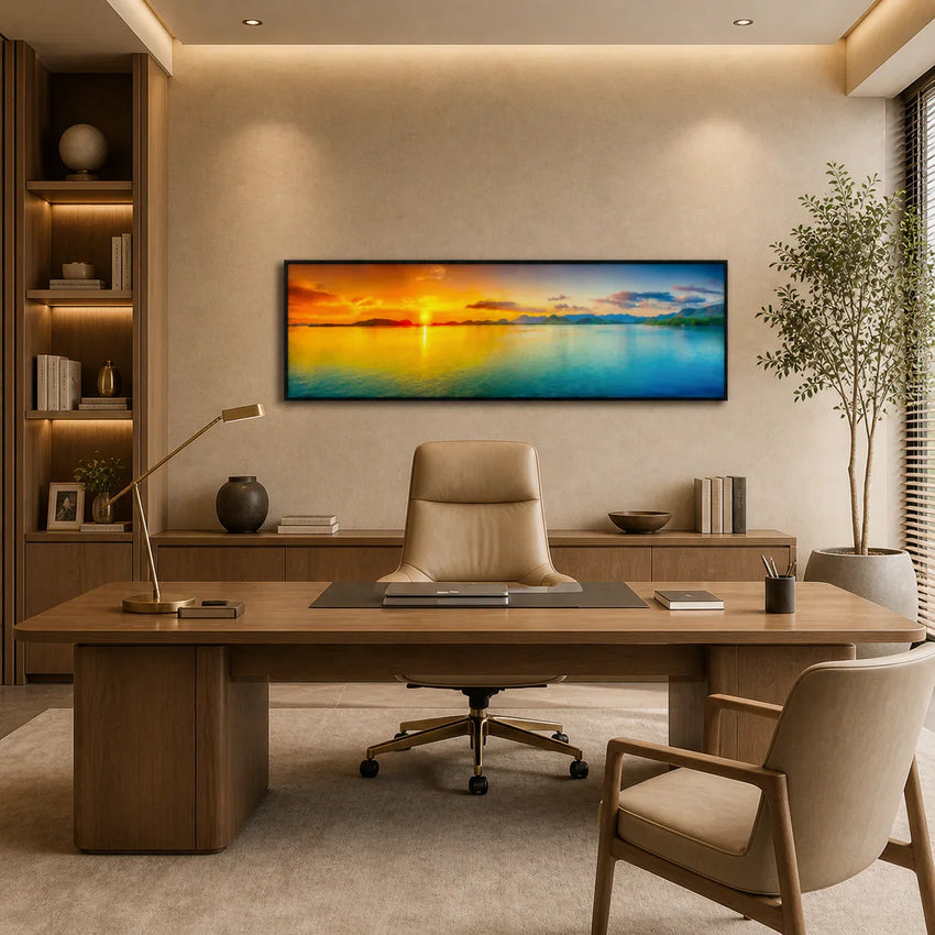 Cozy bedroom with artisan home decor, wooden bed, and panoramic sunset wall art, Fansee Australia