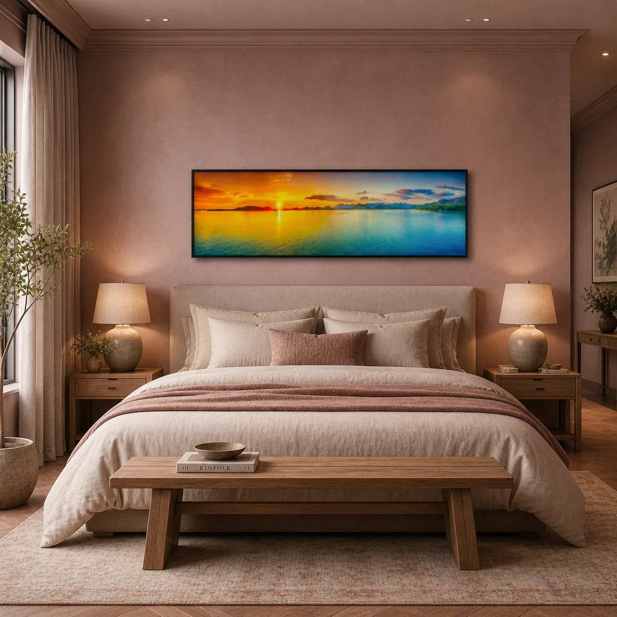 Cozy bedroom with artisan home decor, wooden bed, and panoramic sunset wall art, Fansee Australia