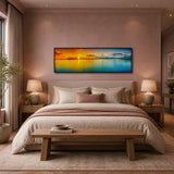 Cozy bedroom with artisan home decor, wooden bed, and panoramic sunset wall art, Fansee Australia