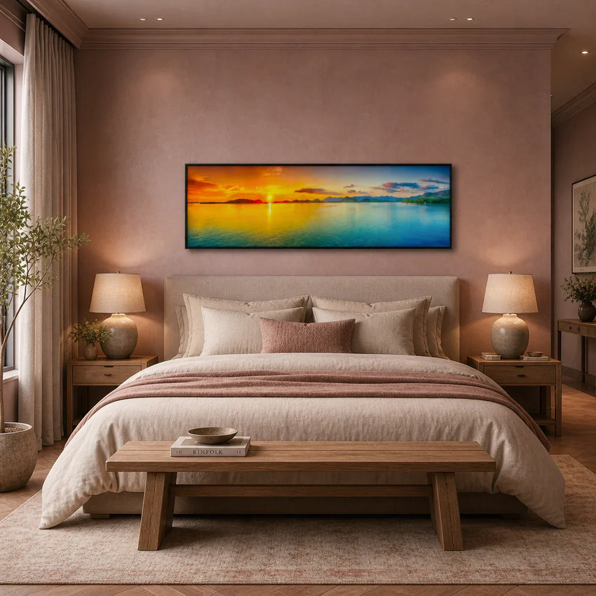Cozy bedroom with artisan home decor, wooden bed, and panoramic sunset wall art, Fansee Australia