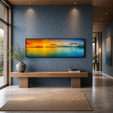 Cozy bedroom with artisan home decor, wooden bed, and panoramic sunset wall art, Fansee Australia