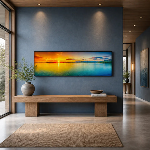 Cozy bedroom with artisan home decor, wooden bed, and panoramic sunset wall art, Fansee Australia
