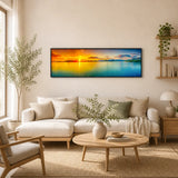 Cozy bedroom with artisan home decor, wooden bed, and panoramic sunset wall art, Fansee Australia